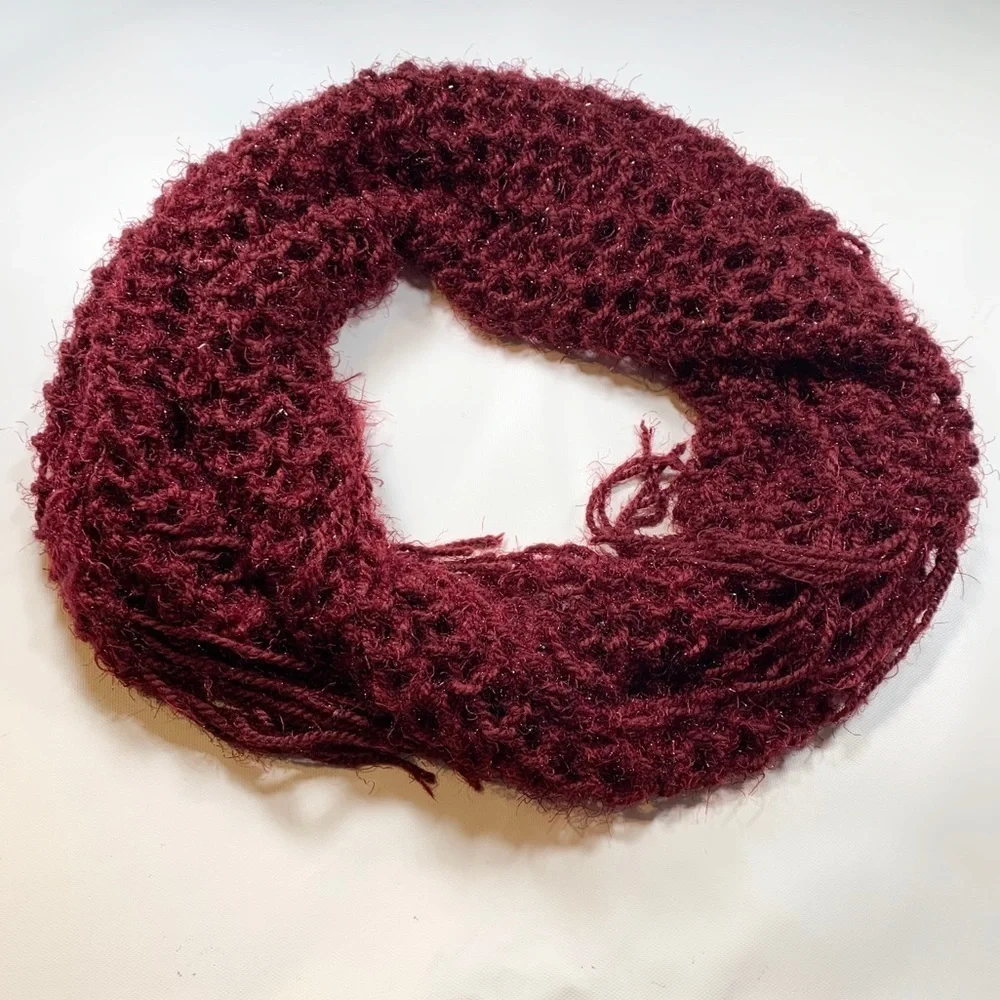 Burgundy 2 Piece Scarf Beanie French Beret Knit With Silver Shimmer Matching Set